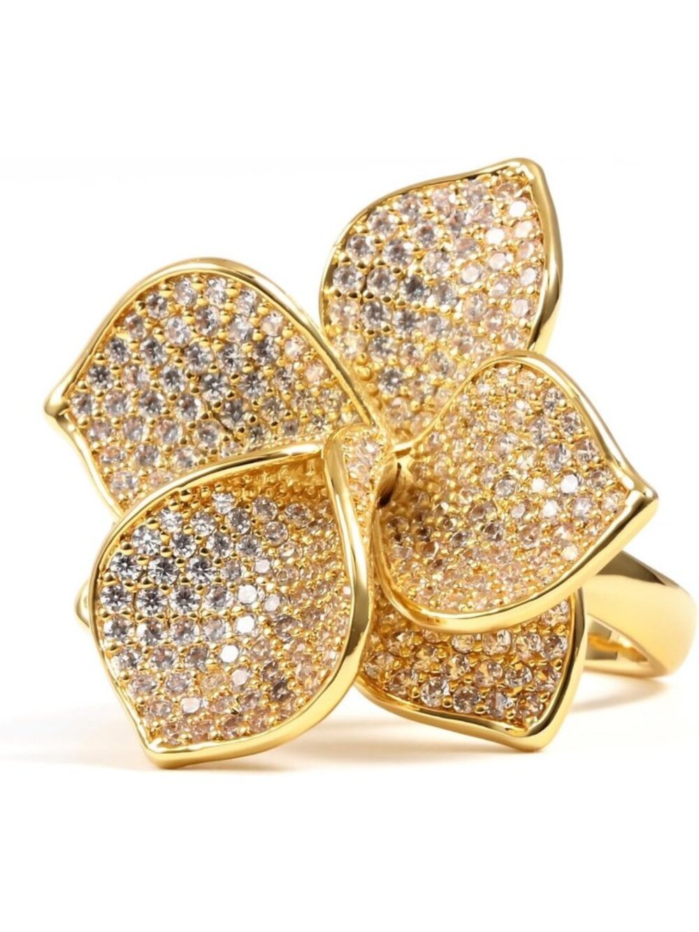 Adjustable Gold Flower Cocktail Ring with Cubic Zirconia - Chunky Floral Jewelry
